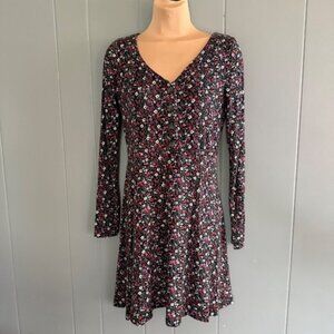 So‎ Black Floral Button Front Mini Dress Long Sleeve Skater Fit Size S